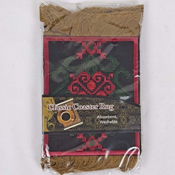 Arabic Rug Set of 4 Drink Coasters Red Black Green Gold Fringed Ends NWT - Picture 1 of 5